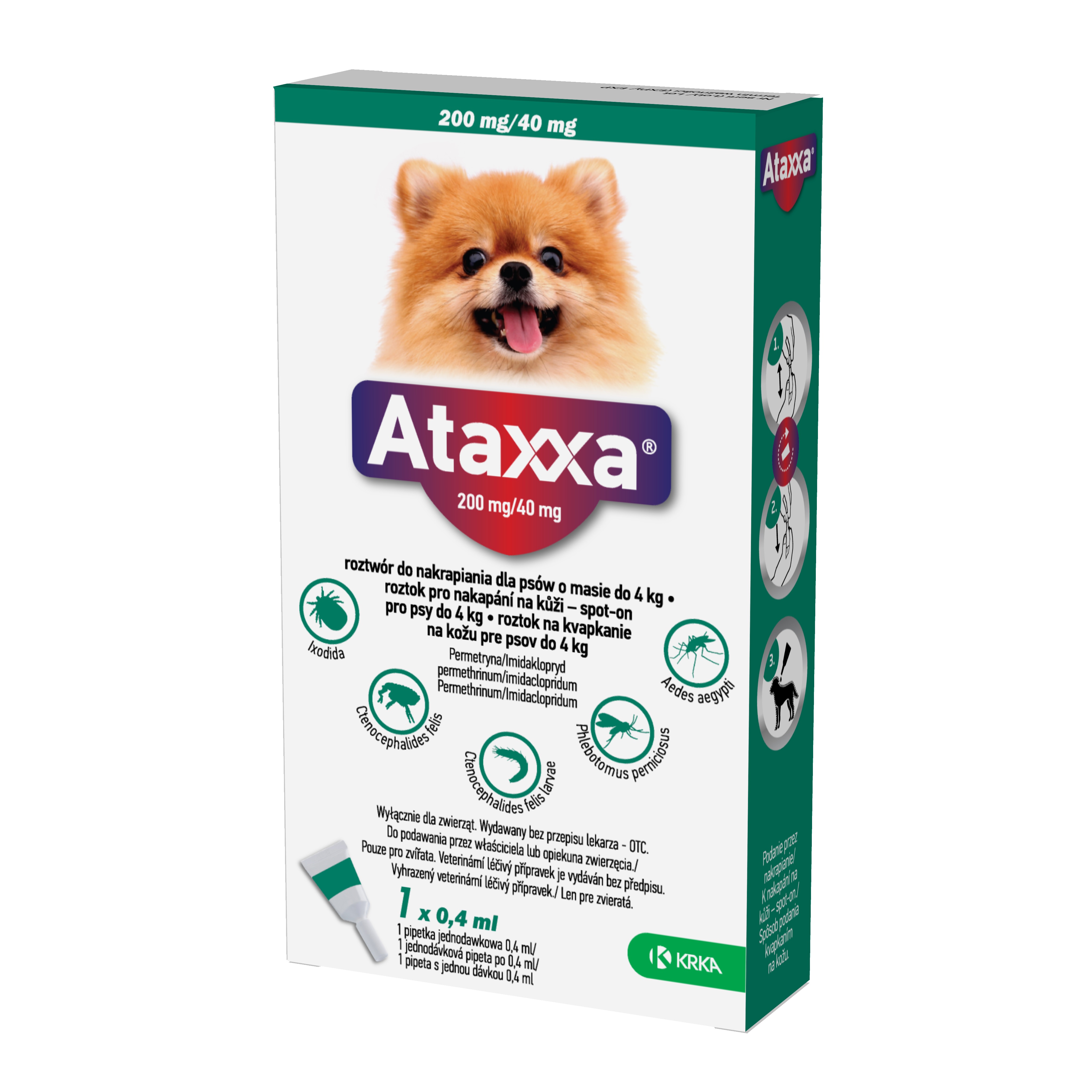 Ataxxa 200 mg/40 mg, roztok pro nakapání na kůži – spot-on pro psy do 4 kg 1 x 0,4 ml